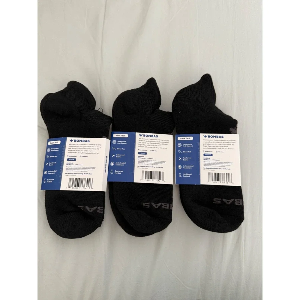 Bombas Black Ankle Socks Medium 3 Pair Lot New Cushioned Arch Support
